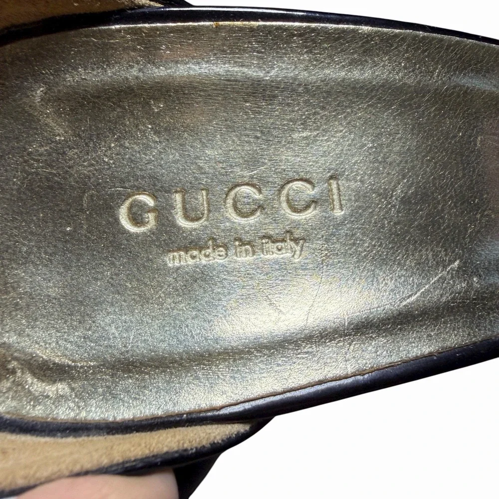 Gucci Black Patent Leather‎ Gold Platform Peep Toe Heels 9.5B Made in Italy